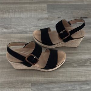 Aetrex Ashley Buckle Black Wedge Sandals
